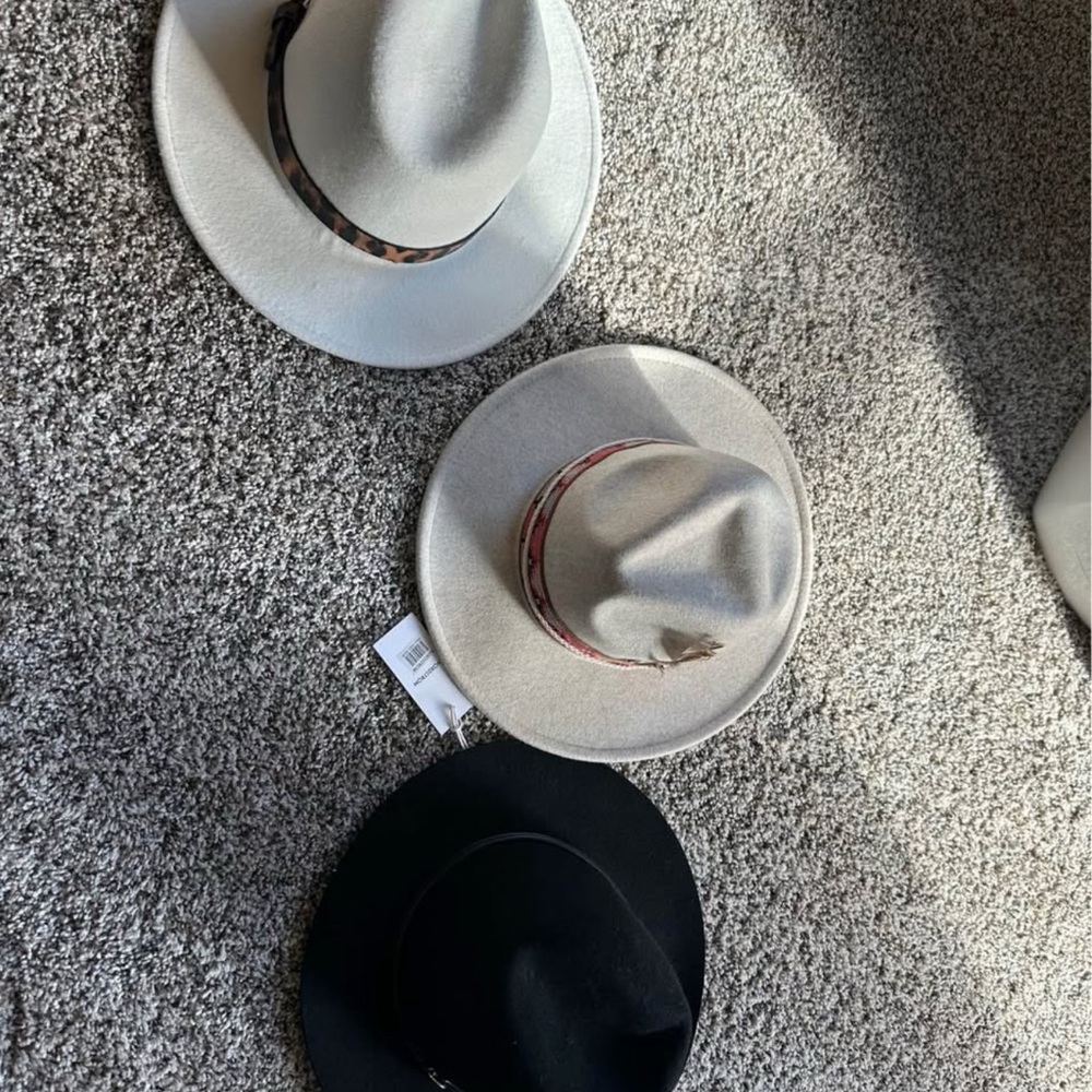 Elegant Women's Fedora Hat Trio - Black, White. Cream hat with feather is SOLD